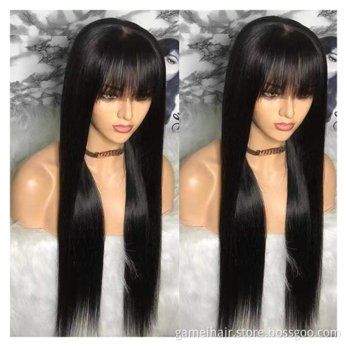 GMWig with Bangs Straight lace front Human Hair Wigs For Black Women Brazilian fringe 30 inch wig Short natural Hair Pre Plucked